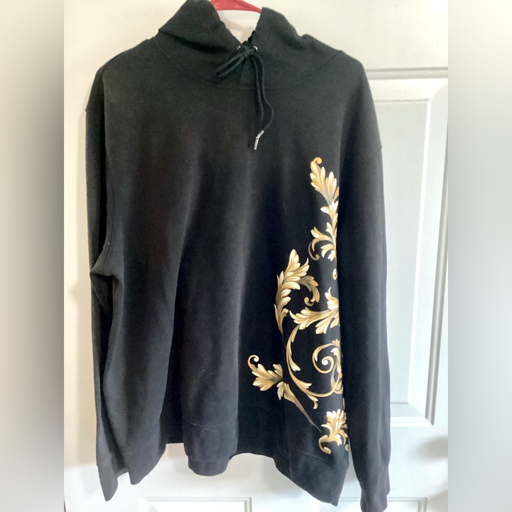 HM Black Hoodie XXL Black Graphic Print Ribbed Sleeve Cuff New Without Tags